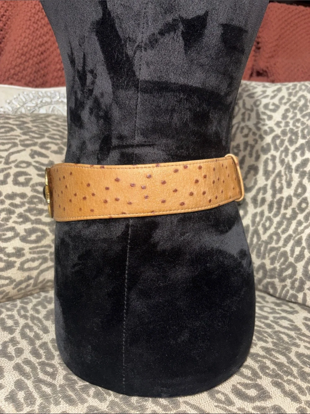 Vintage maximalist belt faux ostrich gold tone gladiator buckle leather belt